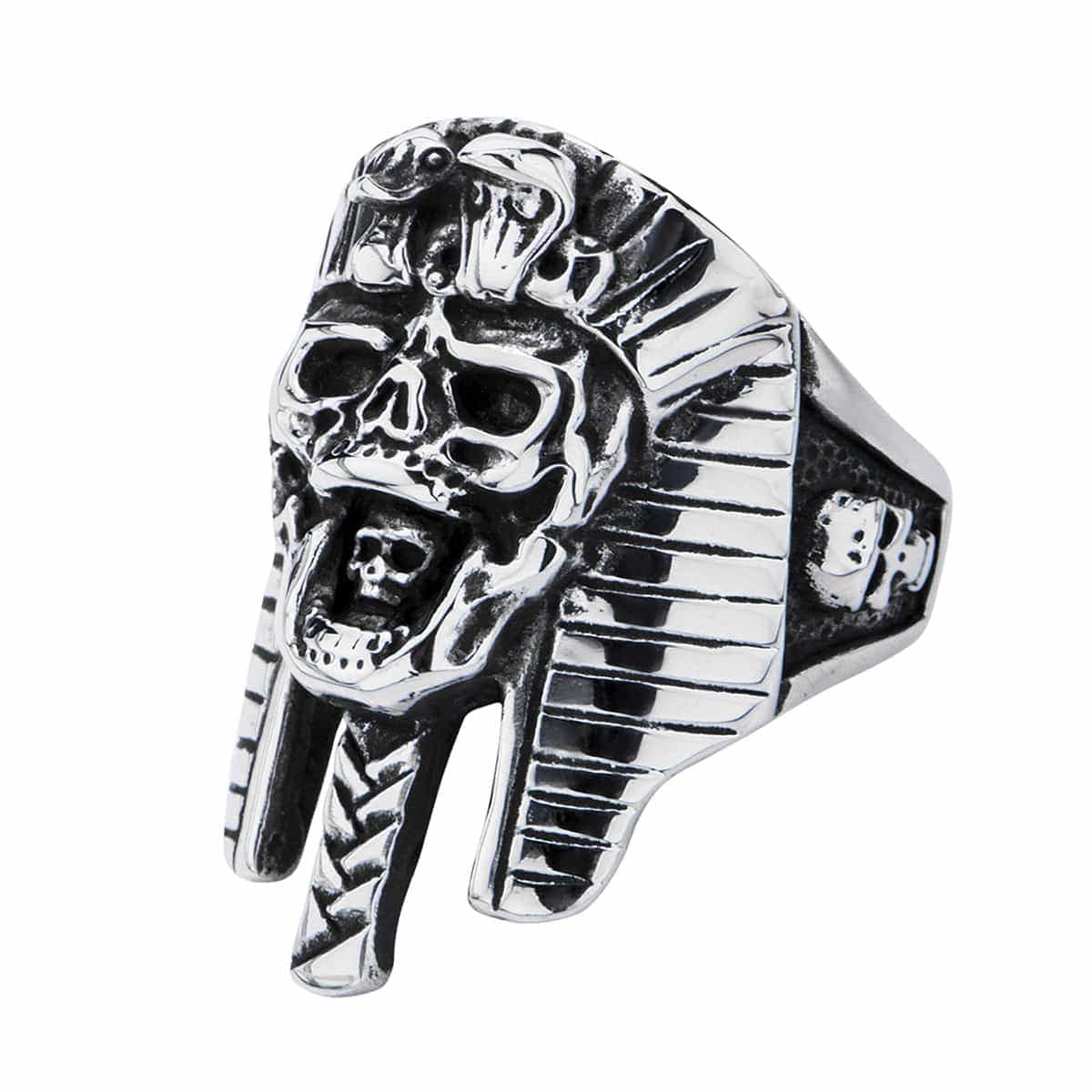 INOX JEWELRY Rings Antiqued Silver Tone Stainless Steel Pharaoh Skull Ring