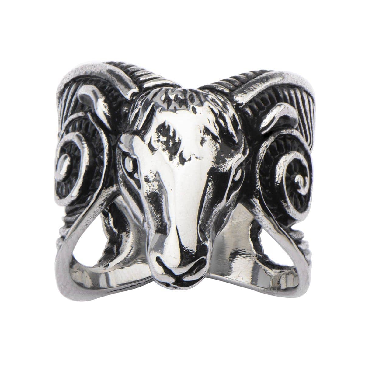 INOX JEWELRY Rings Antiqued Silver Tone Stainless Steel Ram Head Ring
