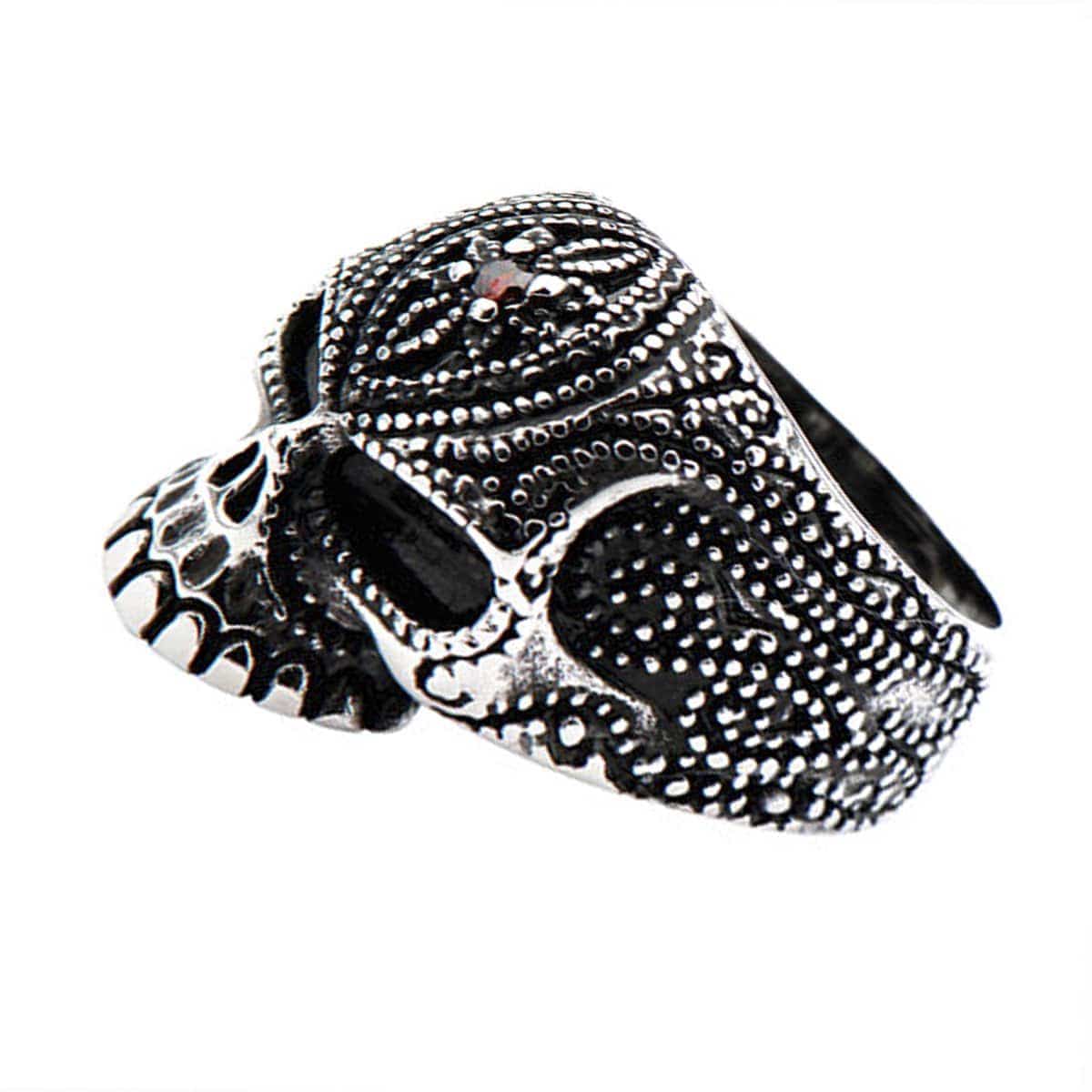 INOX JEWELRY Rings Antiqued Silver Tone Stainless Steel Red Crystal Skull Ring