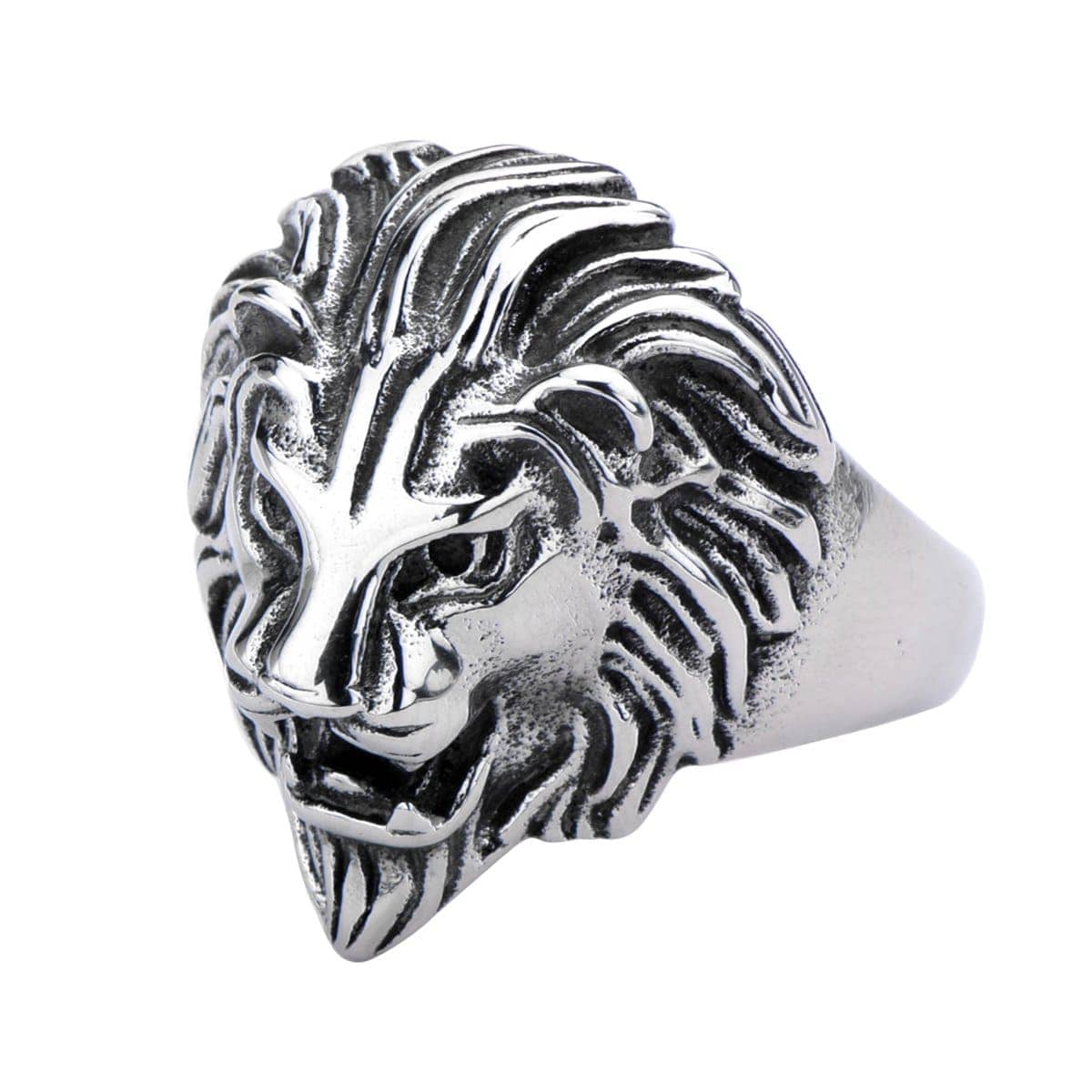 INOX JEWELRY Rings Antiqued Silver Tone Stainless Steel Roaring Lion Ring