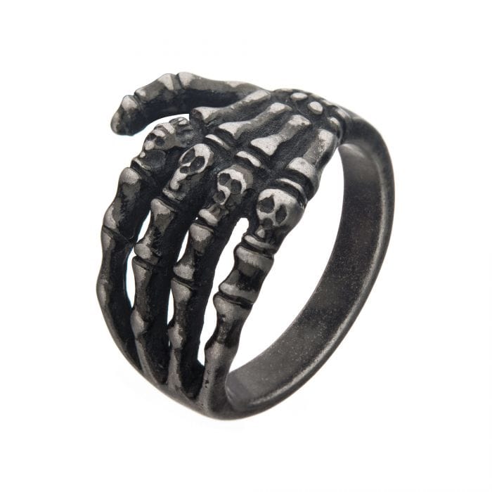 INOX JEWELRY Rings Antiqued Silver Tone Stainless Steel Skeleton Head Ring