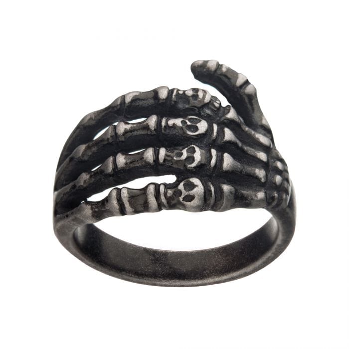 INOX JEWELRY Rings Antiqued Silver Tone Stainless Steel Skeleton Head Ring