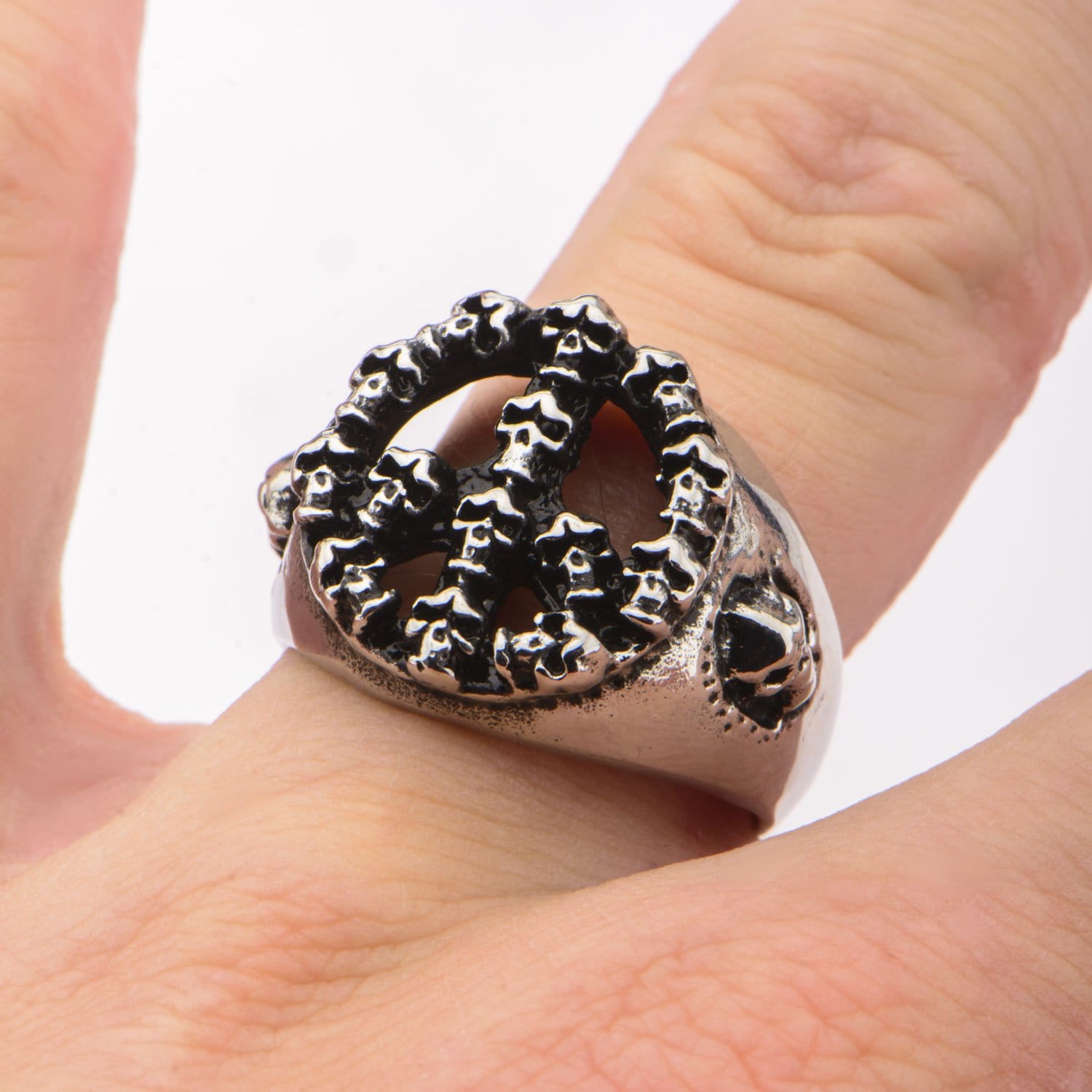 INOX JEWELRY Rings Antiqued Silver Tone Stainless Steel Stacked Skull Peace Ring