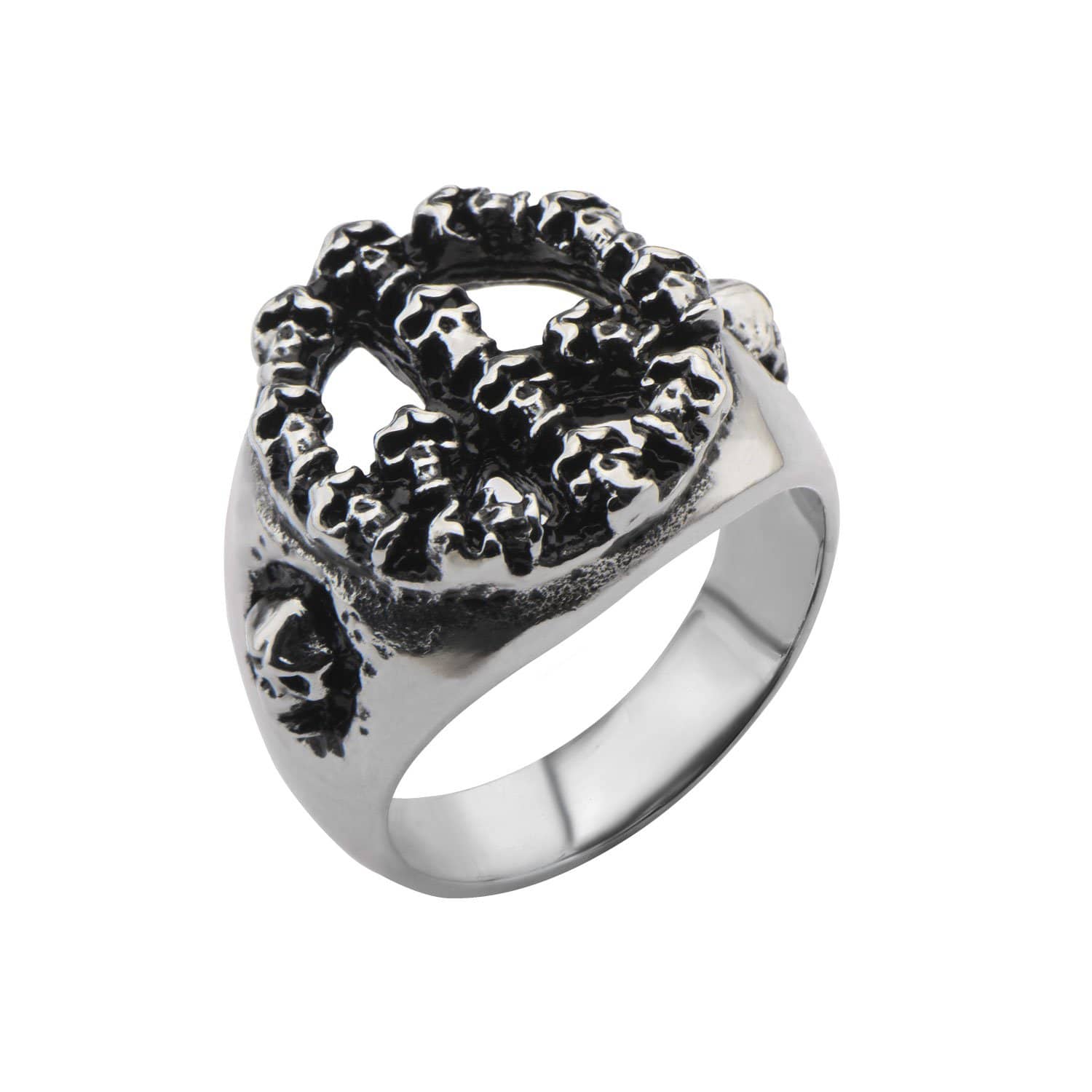 INOX JEWELRY Rings Antiqued Silver Tone Stainless Steel Stacked Skull Peace Ring
