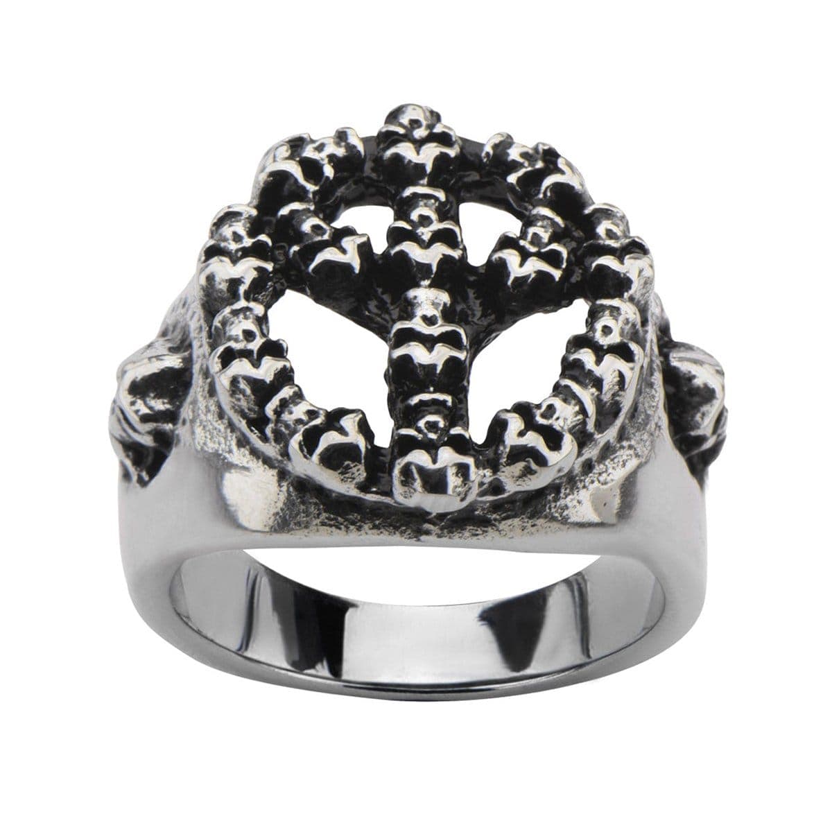 INOX JEWELRY Rings Antiqued Silver Tone Stainless Steel Stacked Skull Peace Ring