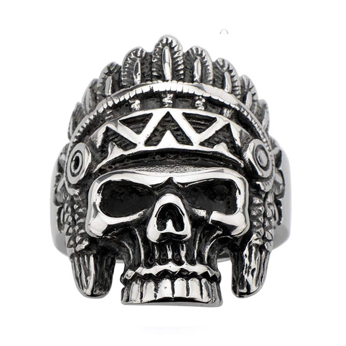 INOX JEWELRY Rings Antiqued Silver Tone Stainless Steel Tribal Chief Hallowed Jaw Skull Ring