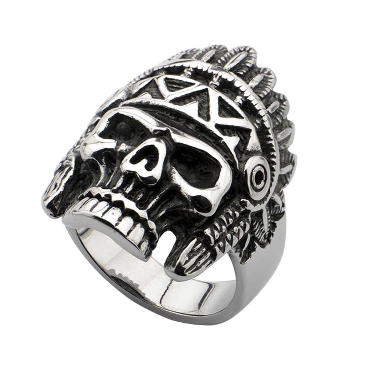 INOX JEWELRY Rings Antiqued Silver Tone Stainless Steel Tribal Chief Hallowed Jaw Skull Ring