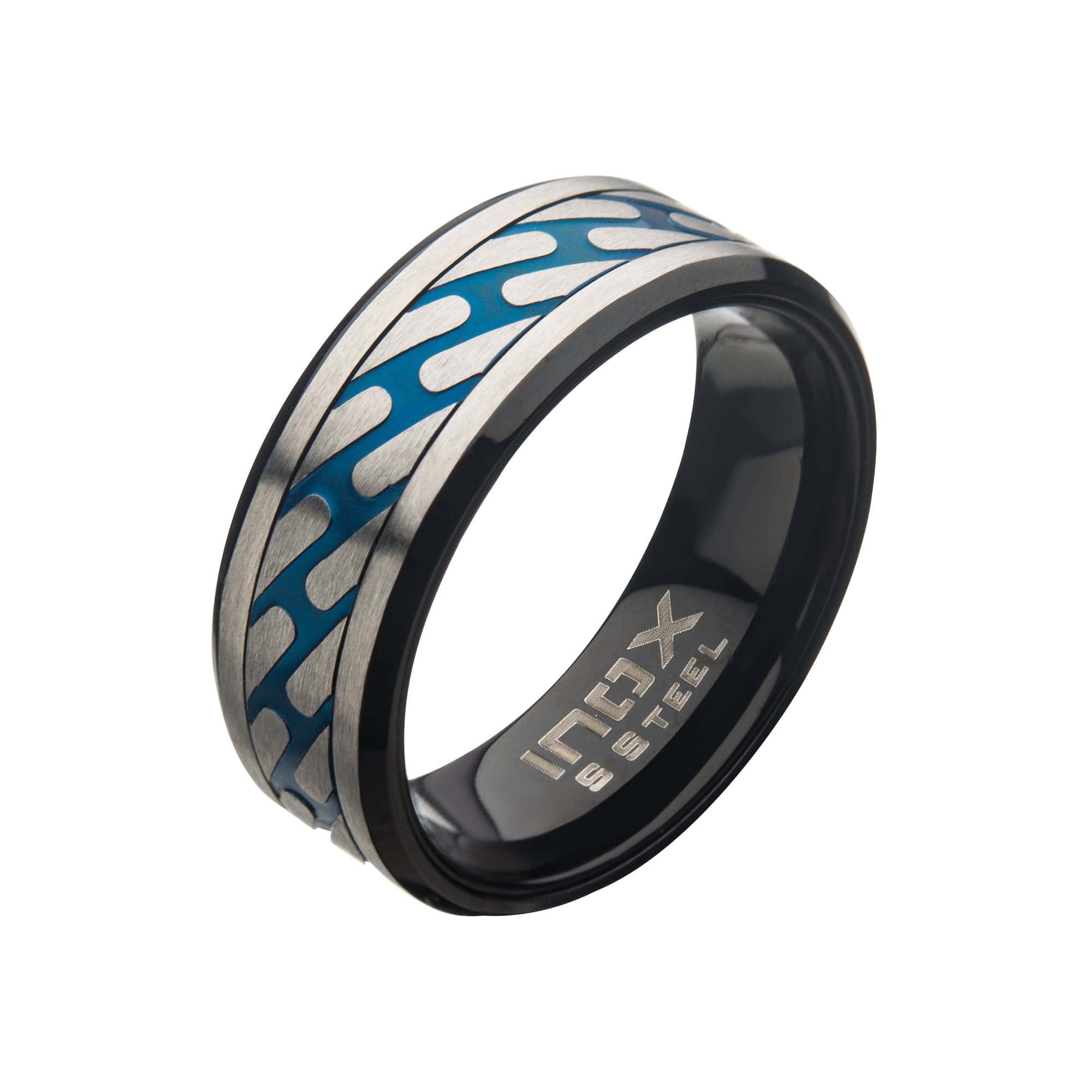 INOX JEWELRY Rings Black and Blue Stainless Steel Matte Finish Curb Chain Pattern Ring