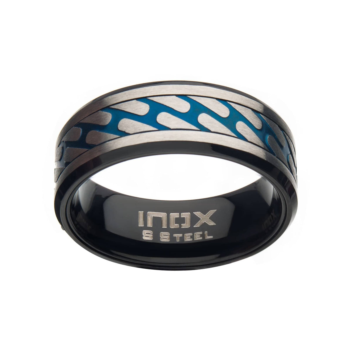 INOX JEWELRY Rings Black and Blue Stainless Steel Matte Finish Curb Chain Pattern Ring