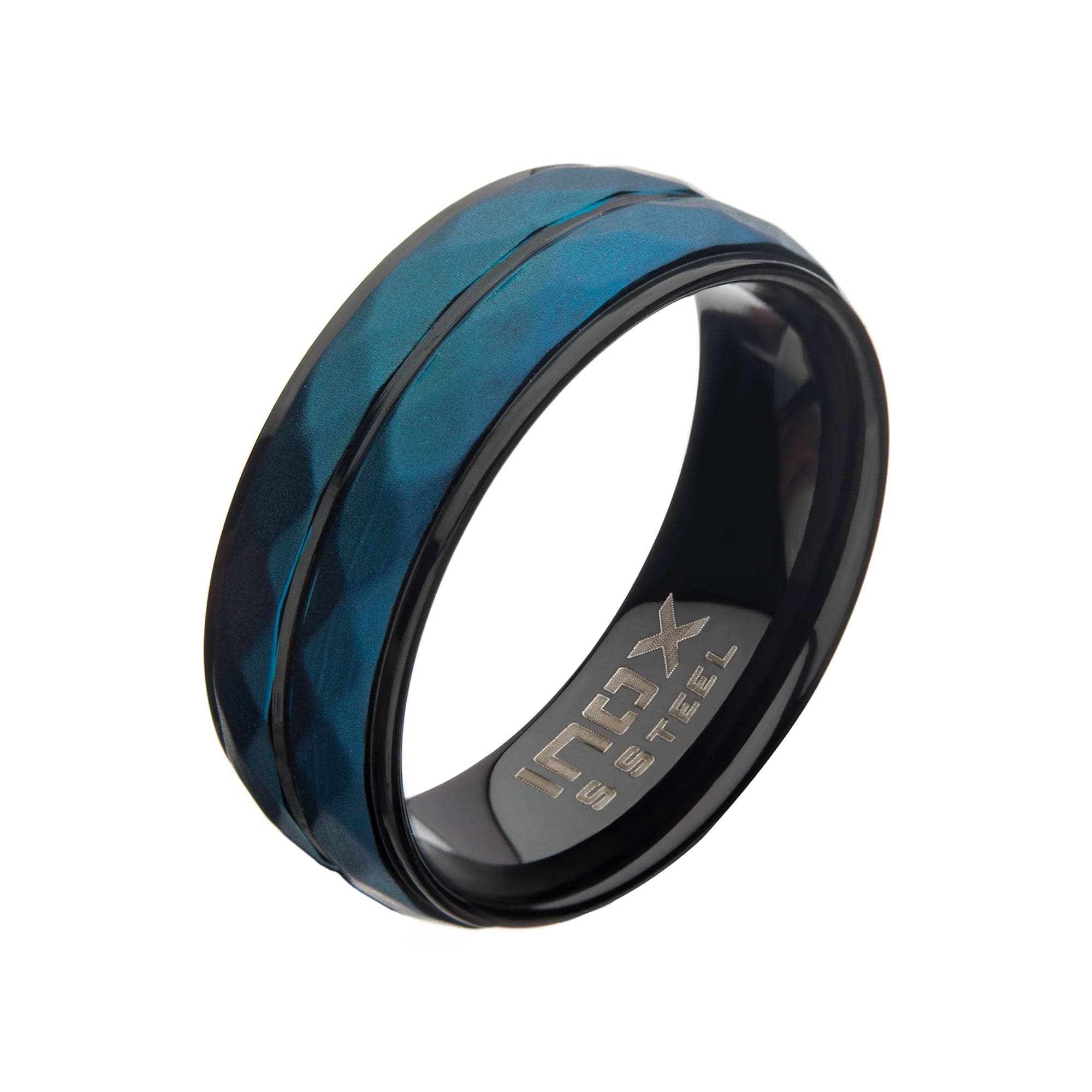 INOX JEWELRY Rings Black and Blue Stainless Steel Matte Finish Hammered Band Ring