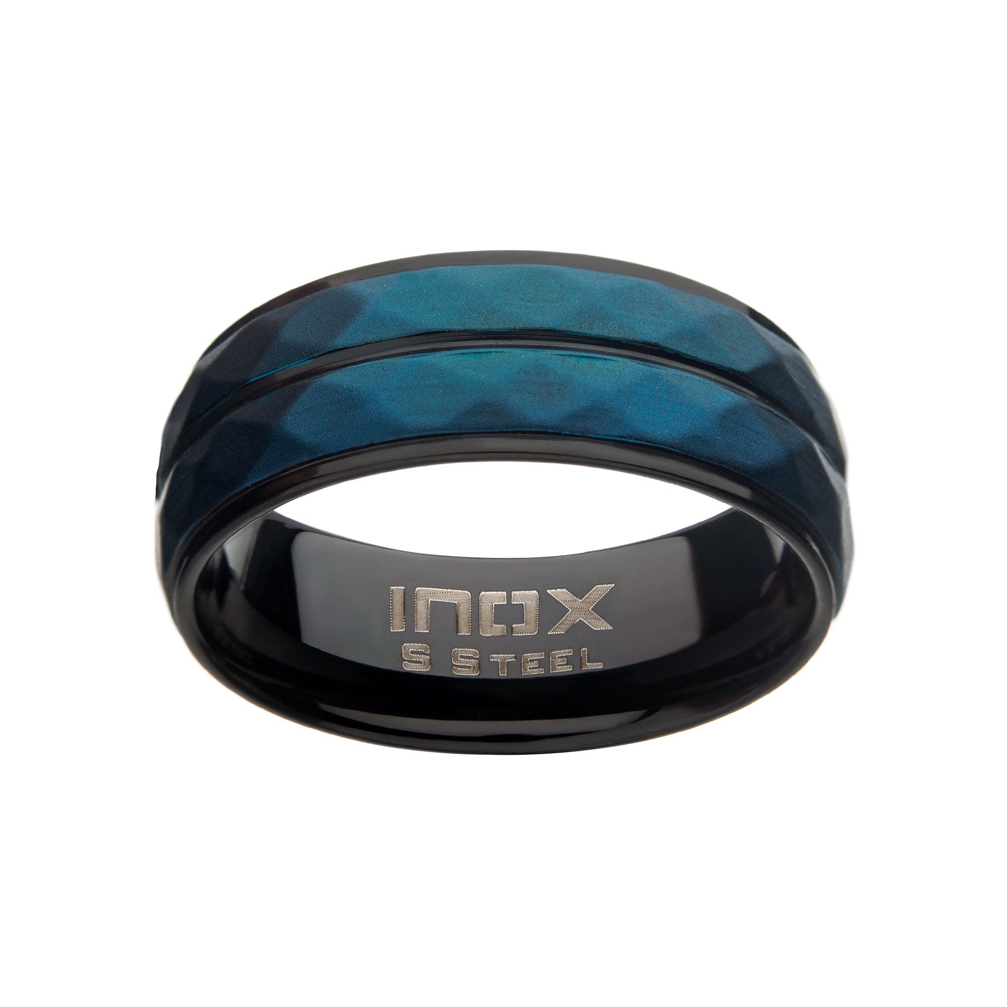 INOX JEWELRY Rings Black and Blue Stainless Steel Matte Finish Hammered Band Ring