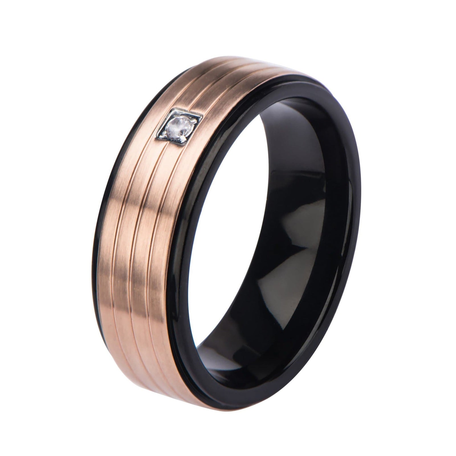 INOX JEWELRY Rings Black and Rose Stainless Steel Triple Lined with CZ Band Ring