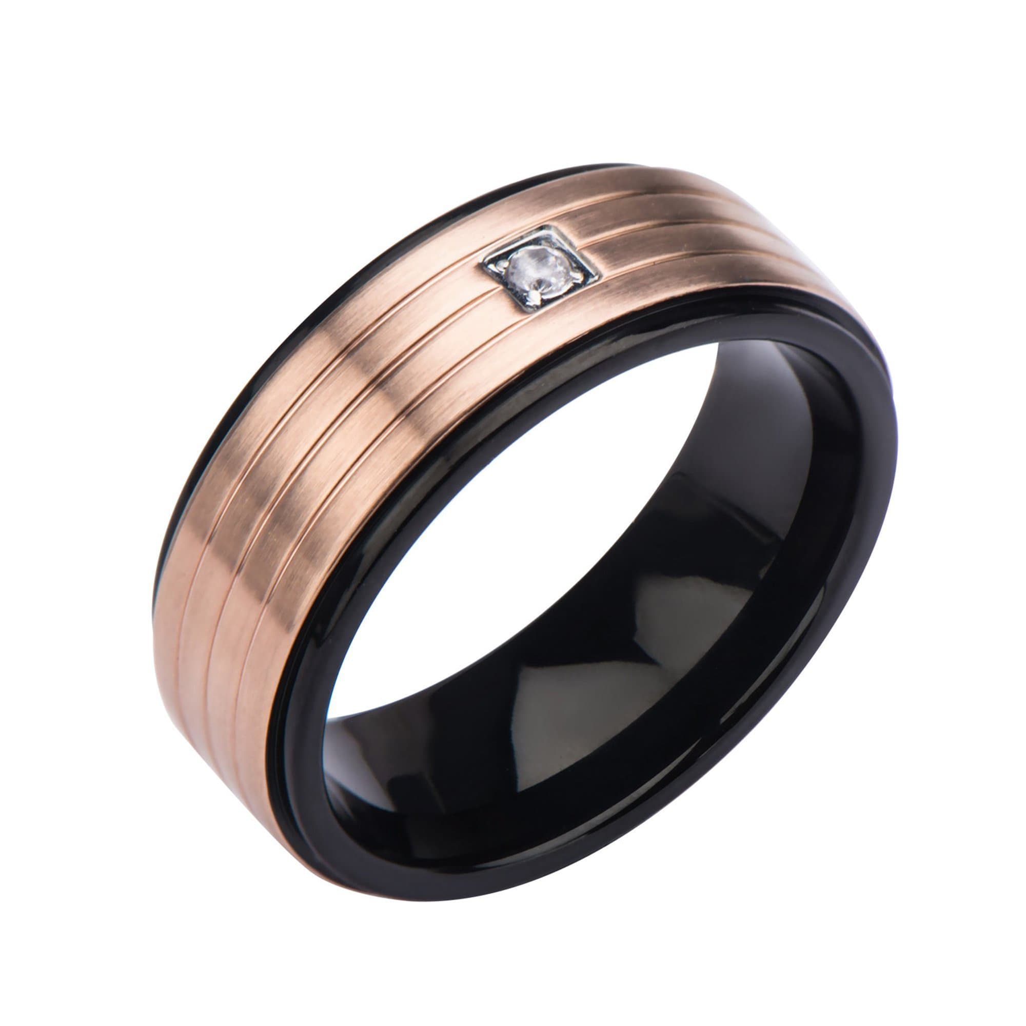 INOX JEWELRY Rings Black and Rose Stainless Steel Triple Lined with CZ Band Ring