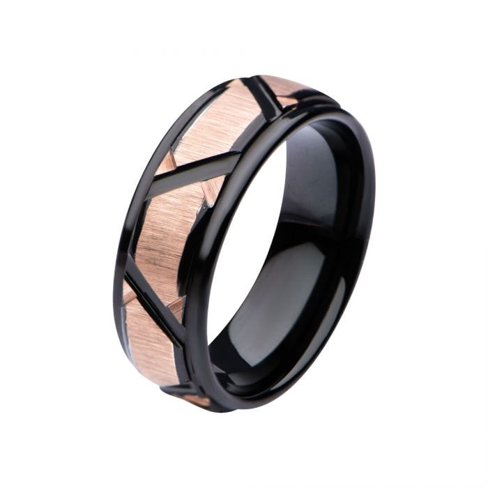 INOX JEWELRY Rings Black and Rose Tone Patterned Design Polished Ring