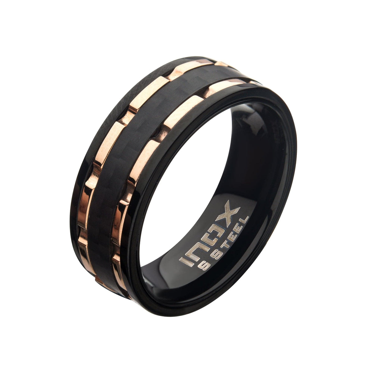 INOX JEWELRY Rings Black and Rose Tone Stainless Steel Carbon Fiber Inlaid Hammered Band Ring