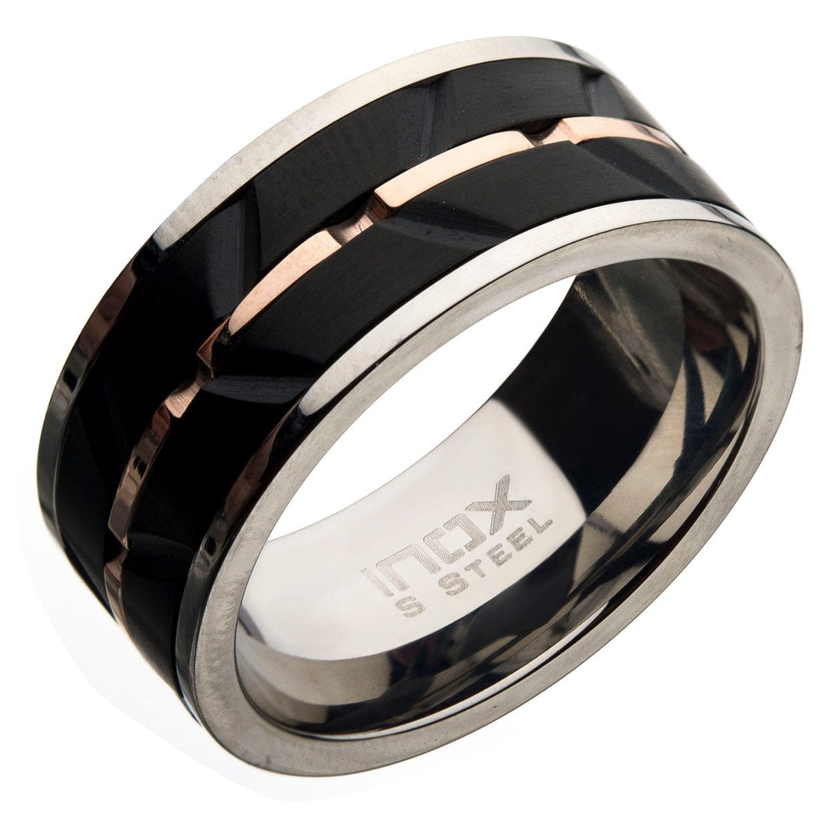 INOX JEWELRY Rings Black and Rose Tone Stainless Steel Matte Finish Raised Wave Accent Inlaid Band Ring