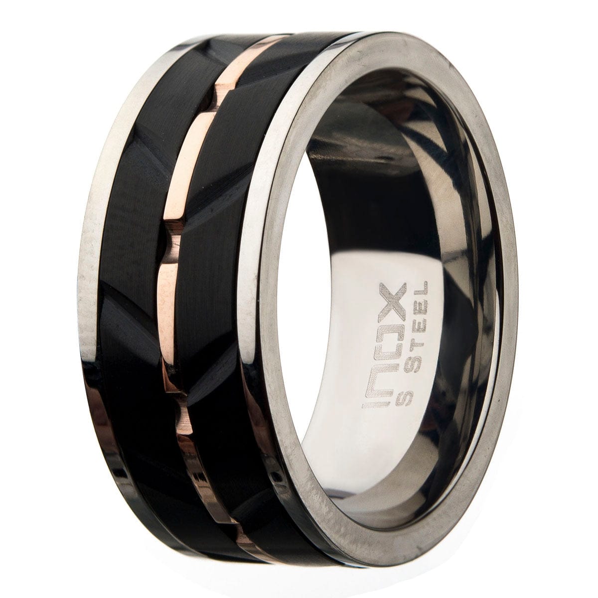 INOX JEWELRY Rings Black and Rose Tone Stainless Steel Matte Finish Raised Wave Accent Inlaid Band Ring
