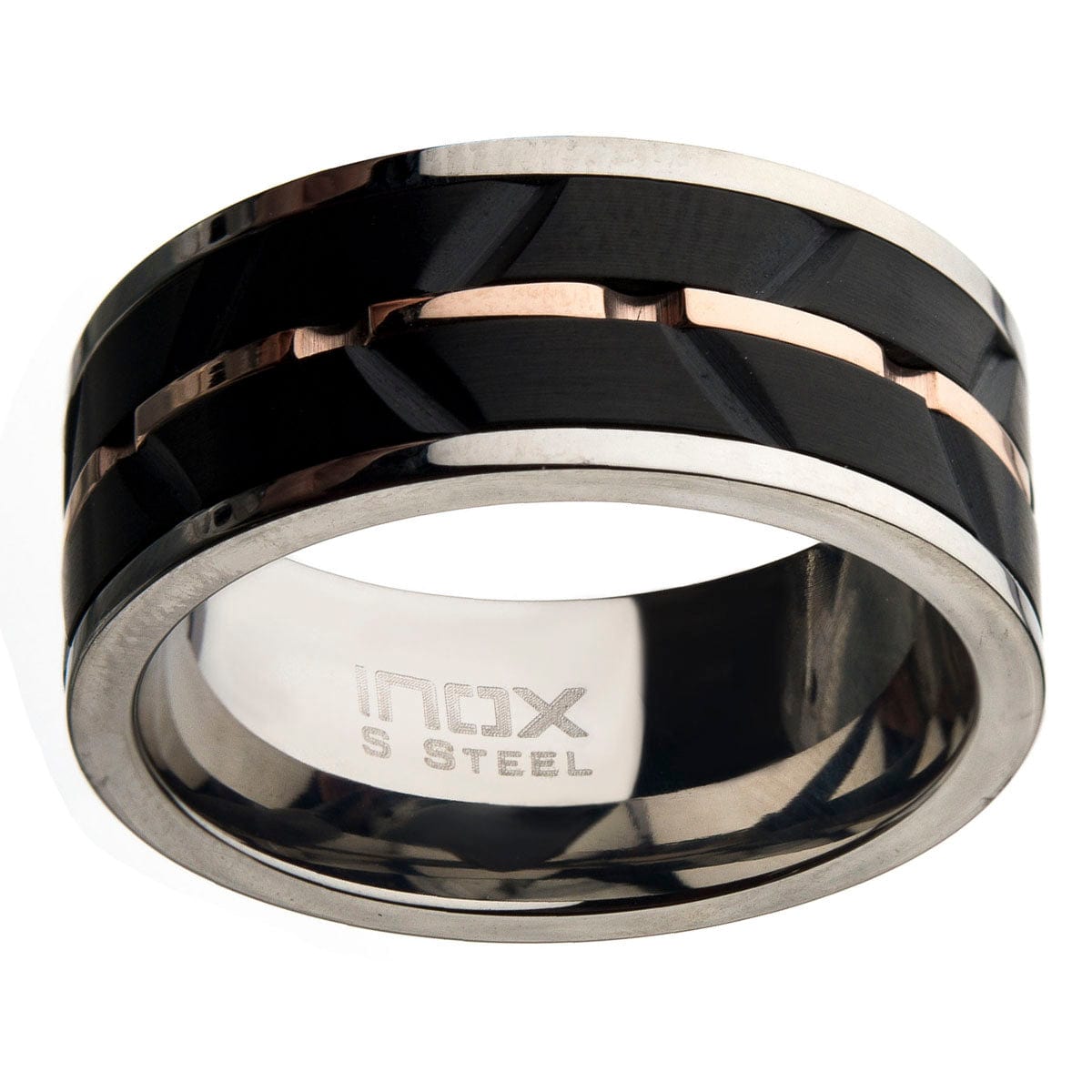 INOX JEWELRY Rings Black and Rose Tone Stainless Steel Matte Finish Raised Wave Accent Inlaid Band Ring