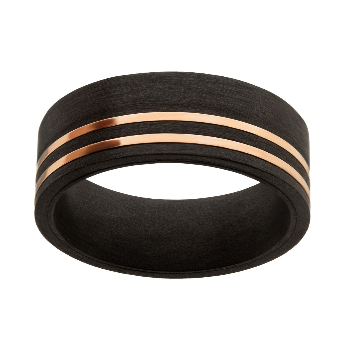INOX JEWELRY Rings Black and Rose Tone Stainless Steel Solid Carbon Fiber Inlaid Thin Lines Band Ring