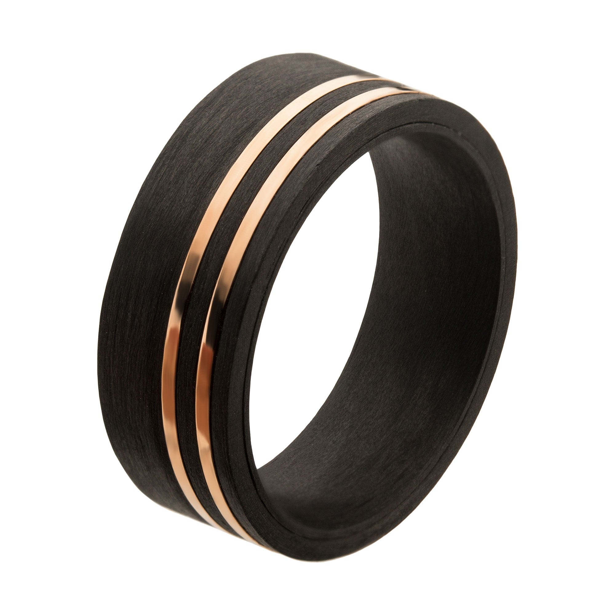 INOX JEWELRY Rings Black and Rose Tone Stainless Steel Solid Carbon Fiber Inlaid Thin Lines Band Ring