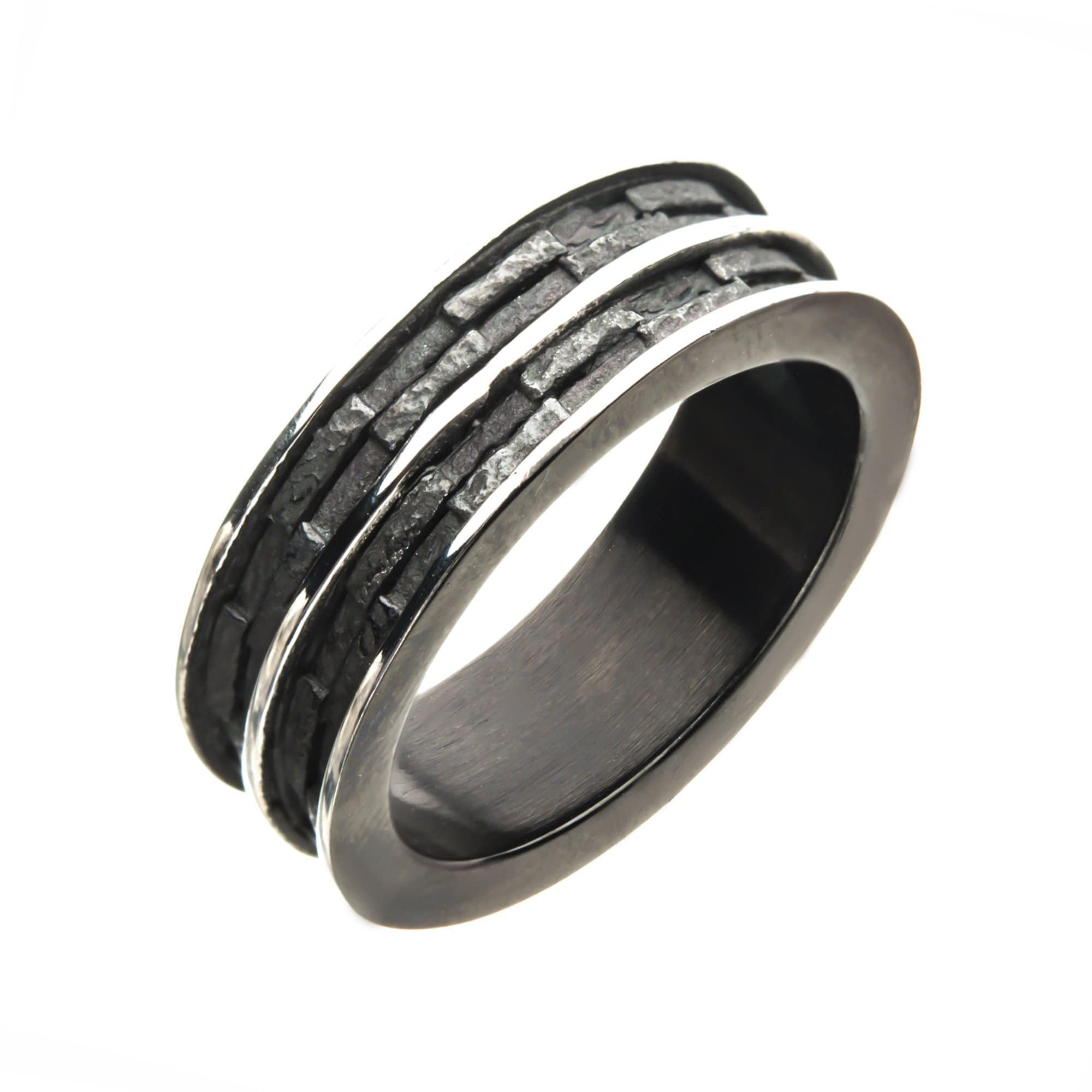 INOX JEWELRY Rings Black and Silver Tone Stainless Steel Antique Finish Rugged Band Ring