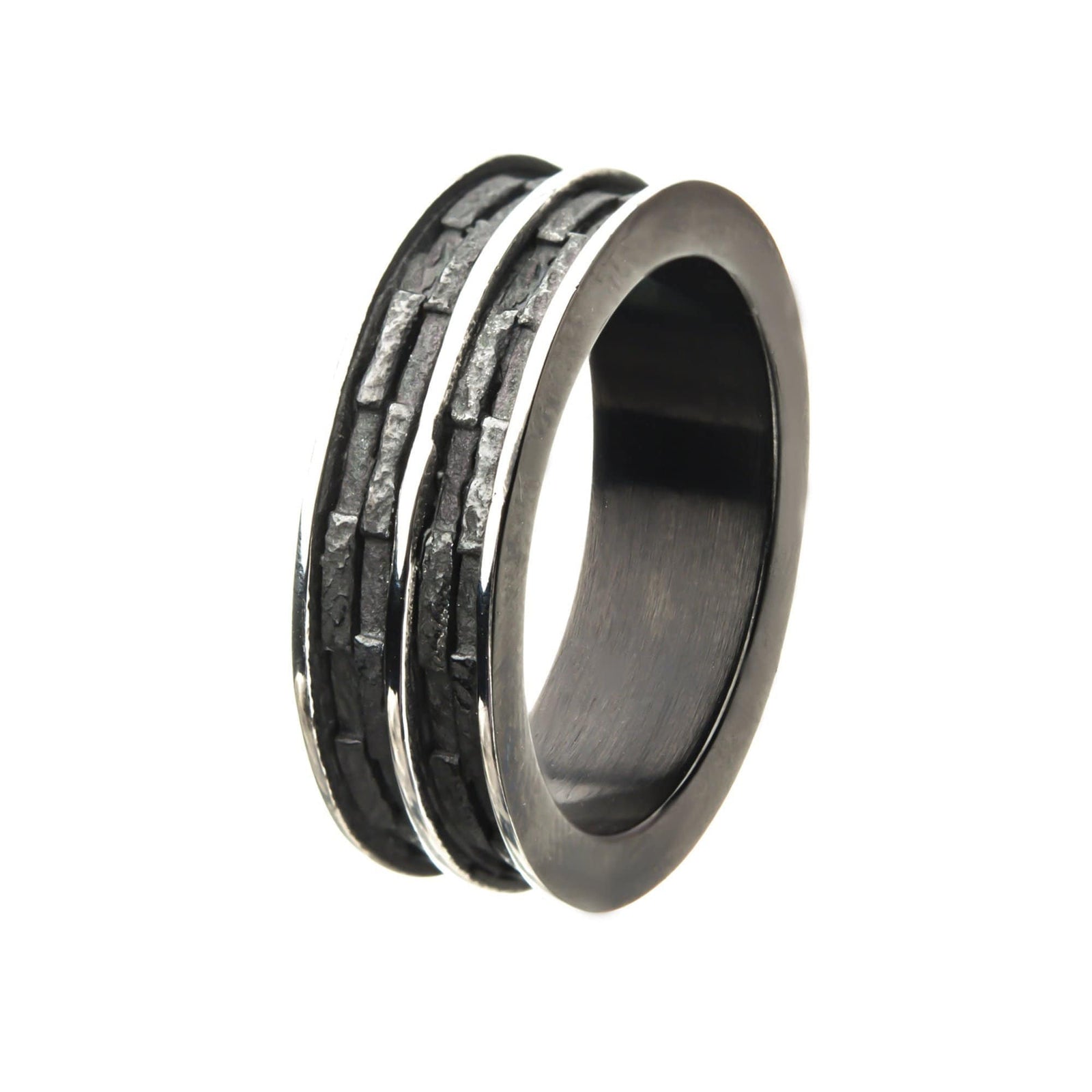 INOX JEWELRY Rings Black and Silver Tone Stainless Steel Antique Finish Rugged Band Ring