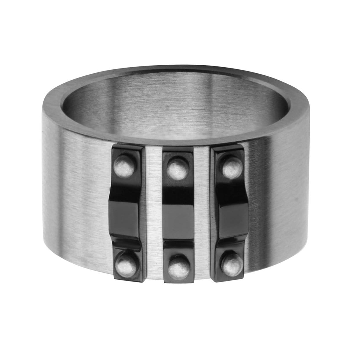 INOX JEWELRY Rings Black and Silver Tone Stainless Steel Bolted Ridge Band