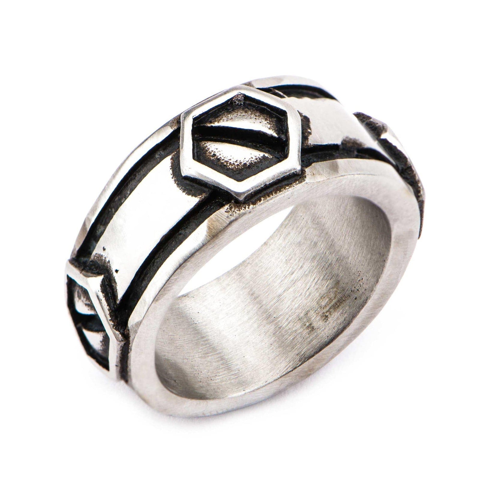 INOX JEWELRY Rings Black and Silver Tone Stainless Steel Brushed Gunmetal Screw Ring