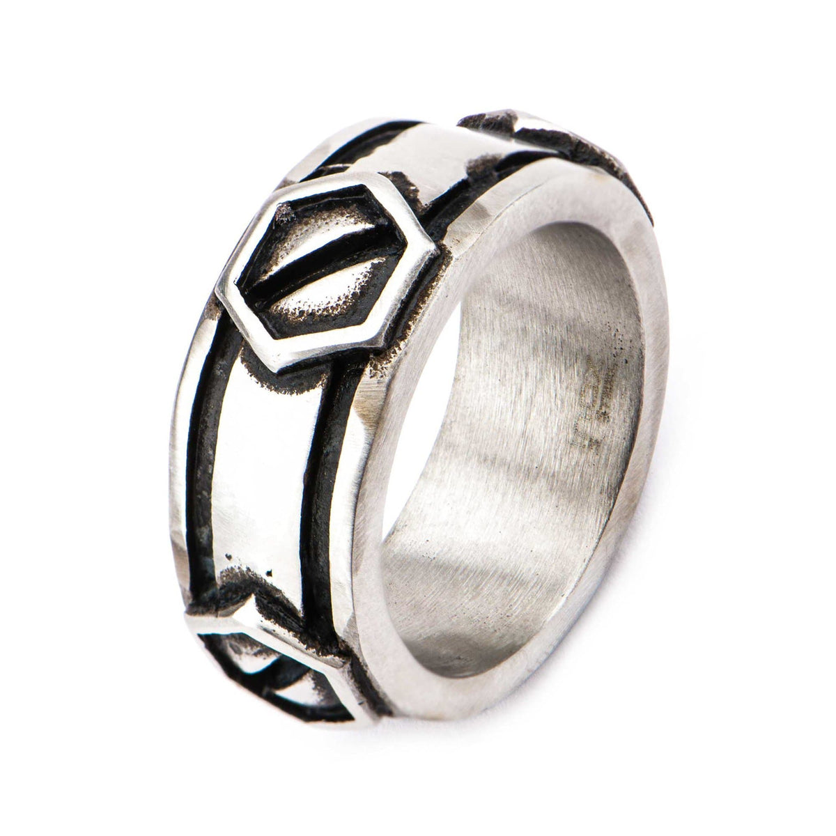 INOX JEWELRY Rings Black and Silver Tone Stainless Steel Brushed Gunmetal Screw Ring