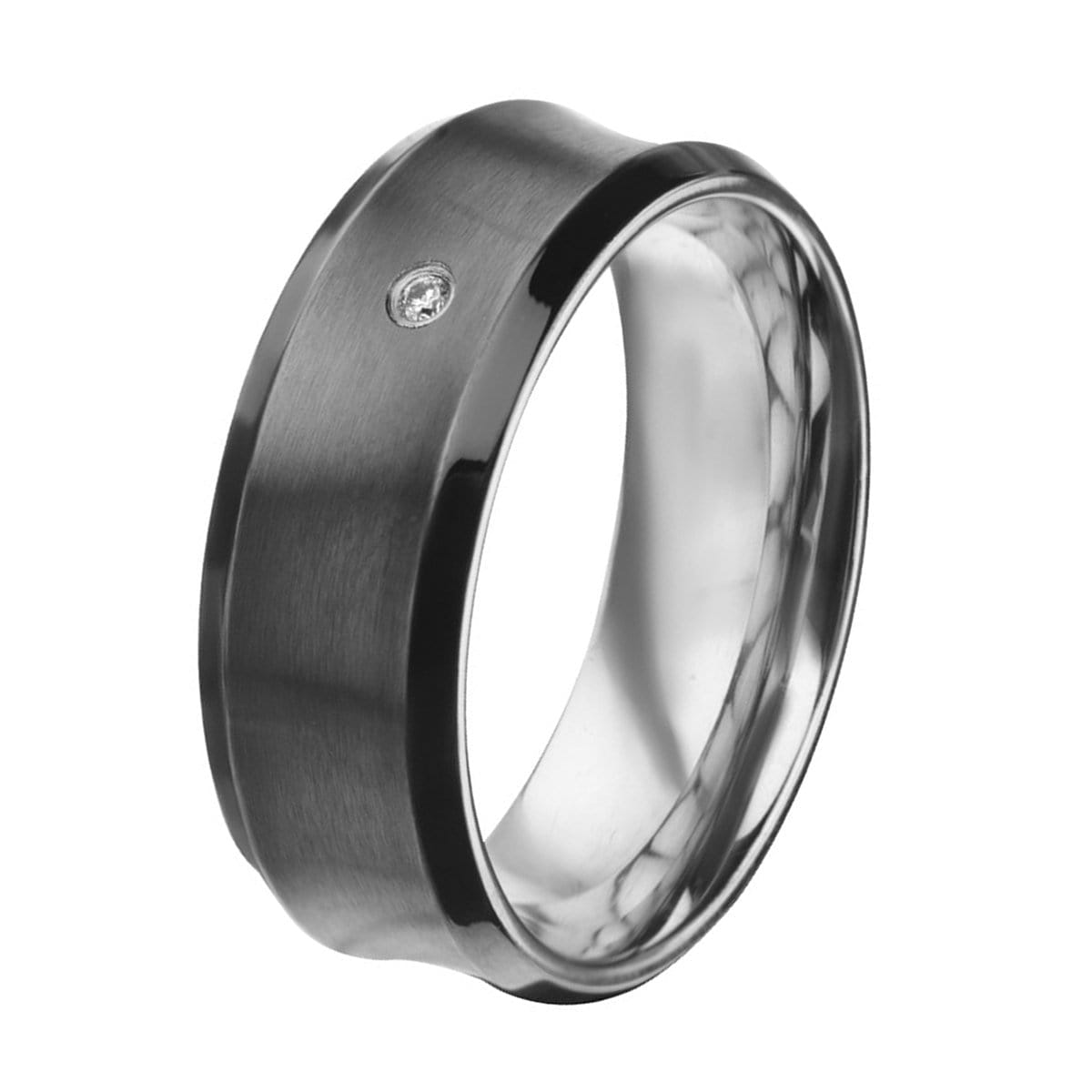 INOX JEWELRY Rings Black and Silver Tone Stainless Steel Brushed White CZ Ring