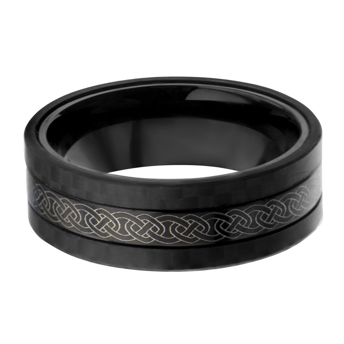 INOX JEWELRY Rings Black and Silver Tone Stainless Steel Celtic Band with Carbon Fiber Detail Ring