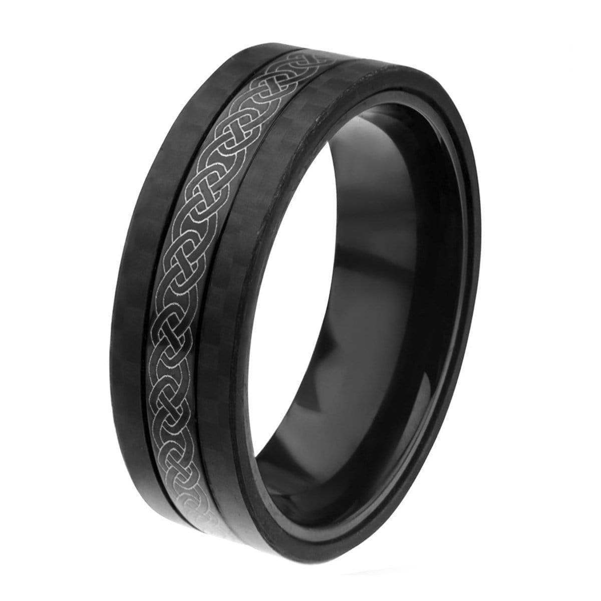 INOX JEWELRY Rings Black and Silver Tone Stainless Steel Celtic Band with Carbon Fiber Detail Ring