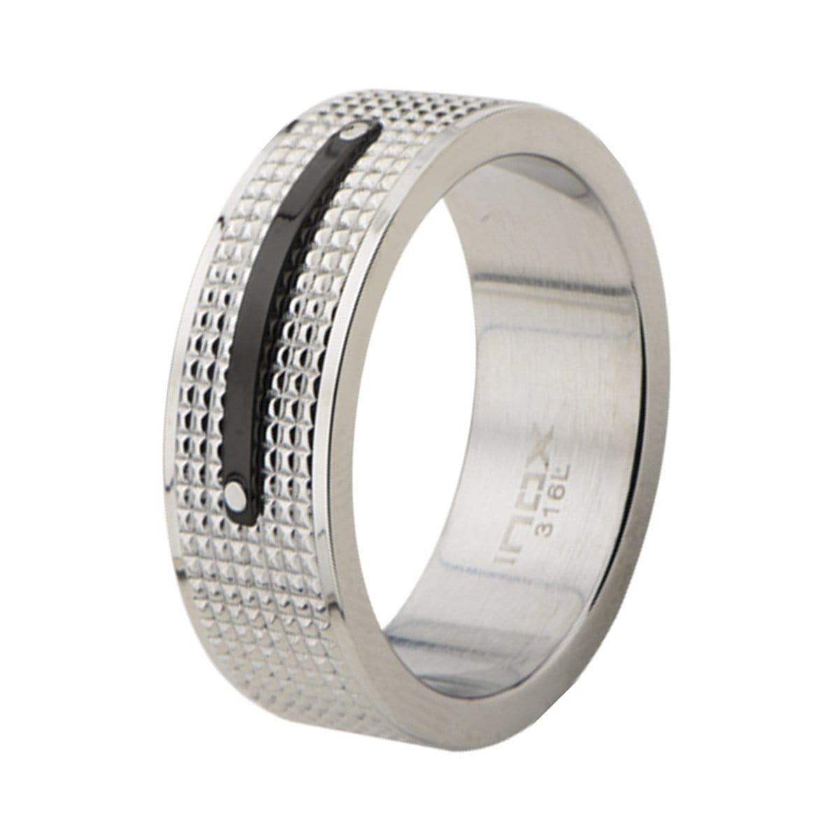 INOX JEWELRY Rings Black and Silver Tone Stainless Steel Checkered Band Ring