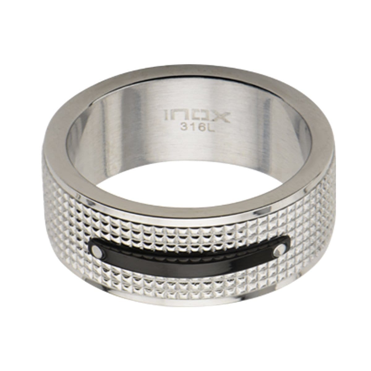 INOX JEWELRY Rings Black and Silver Tone Stainless Steel Checkered Band Ring