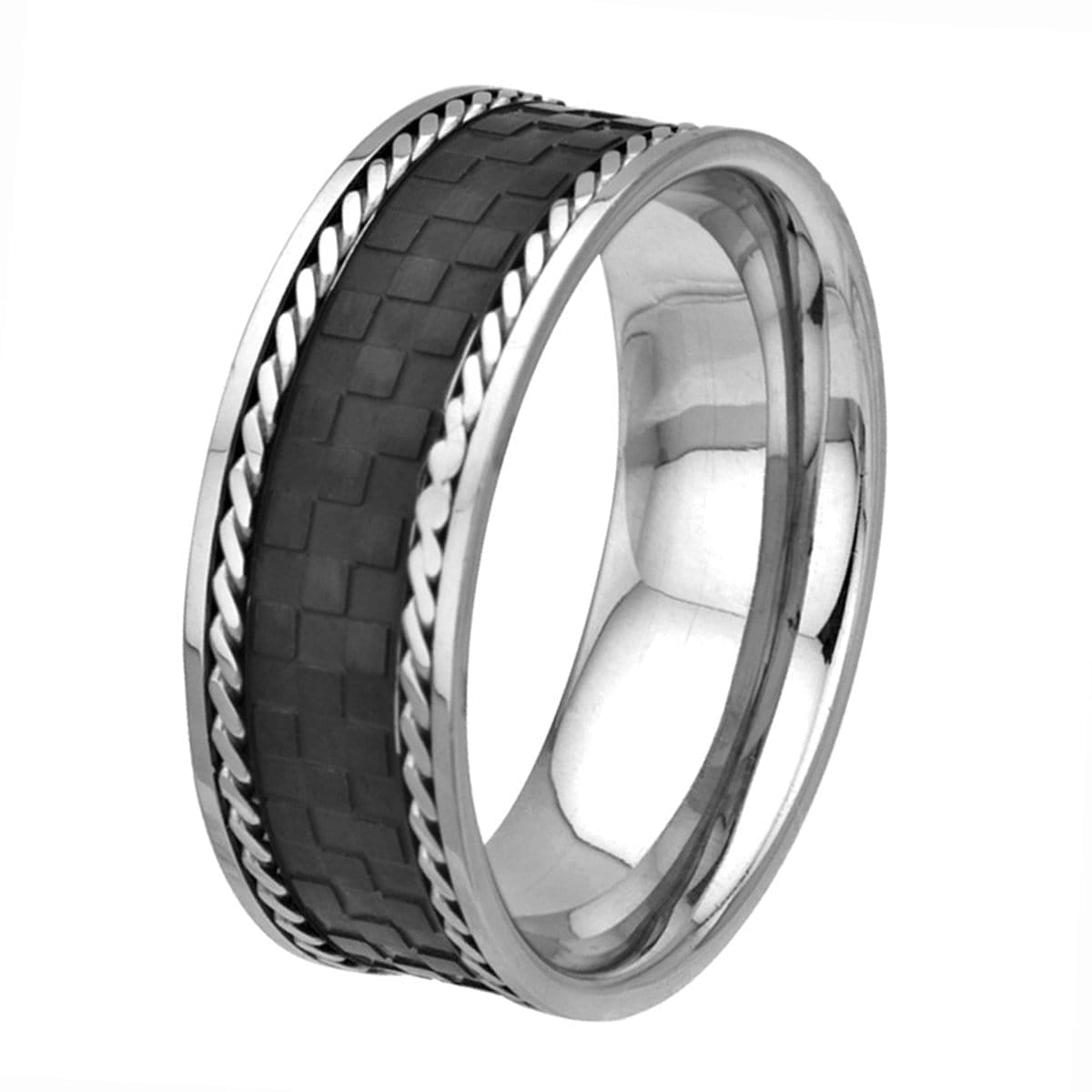 INOX JEWELRY Rings Black and Silver Tone Stainless Steel Checkered Ring with Braided Border
