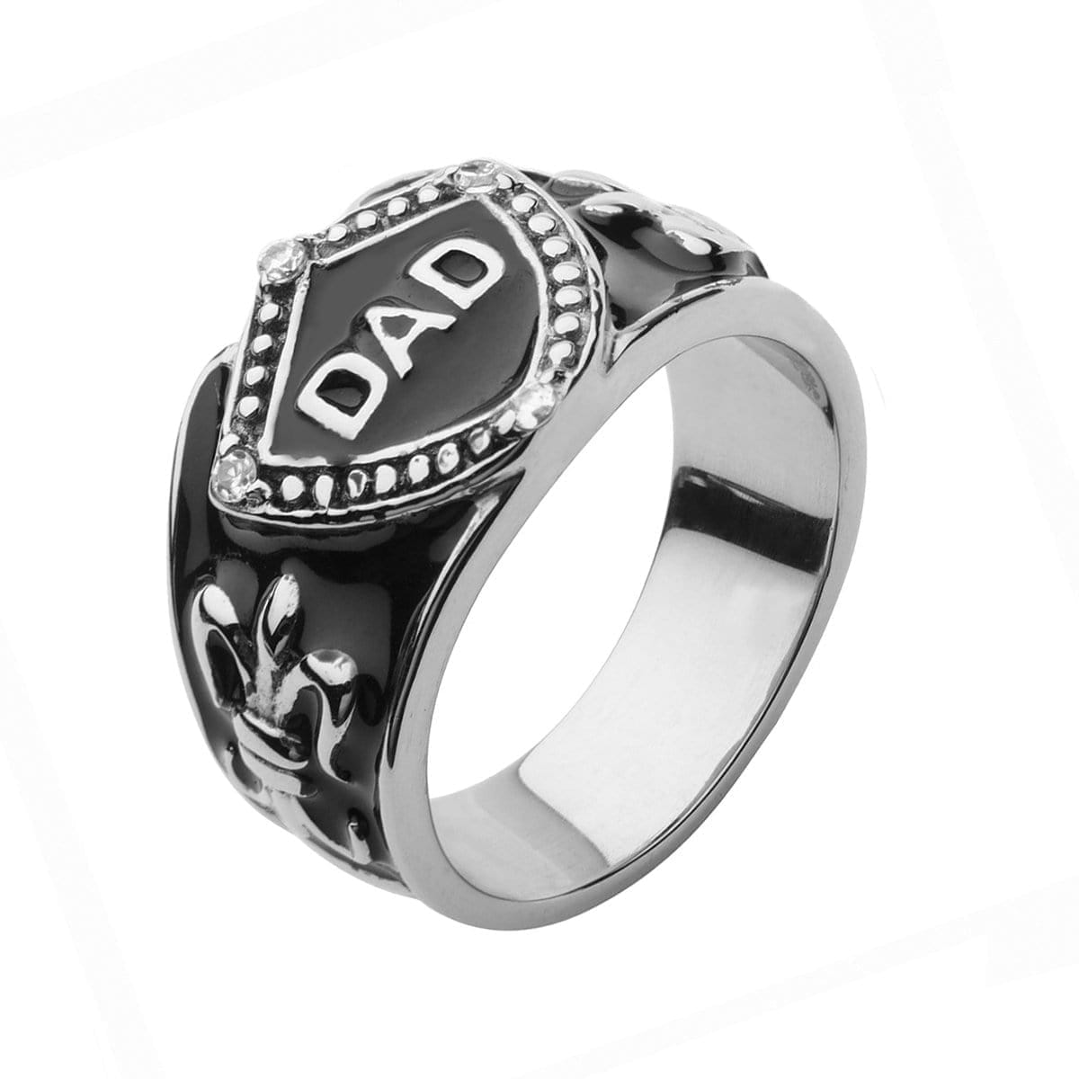 INOX JEWELRY Rings Black and Silver Tone Stainless Steel DAD Ring with Fleur Di Lis Accents