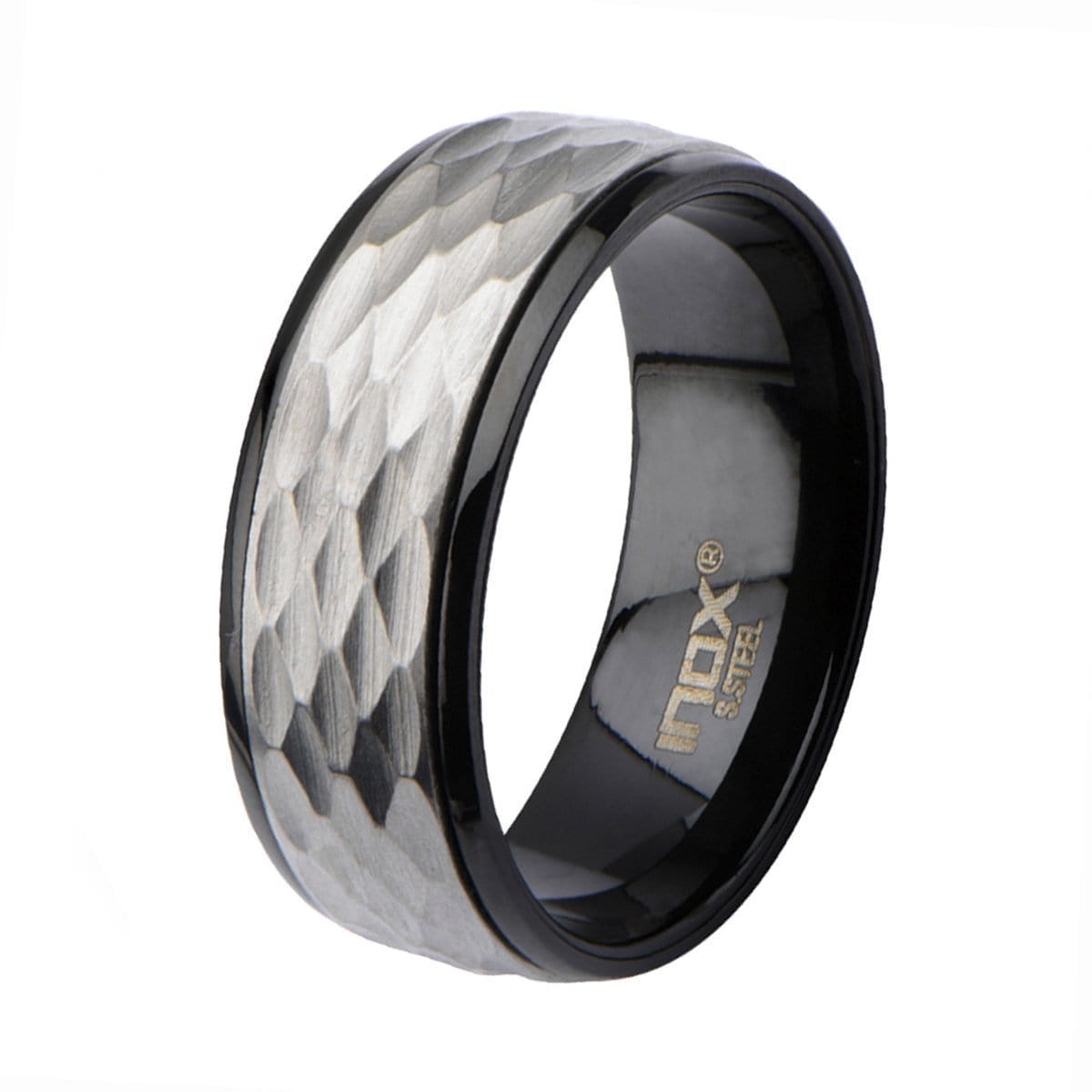 INOX JEWELRY Rings Black and Silver Tone Stainless Steel Dented Easy-Grip Spinner Ring