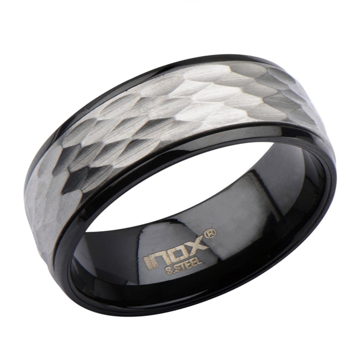 INOX JEWELRY Rings Black and Silver Tone Stainless Steel Dented Easy-Grip Spinner Ring