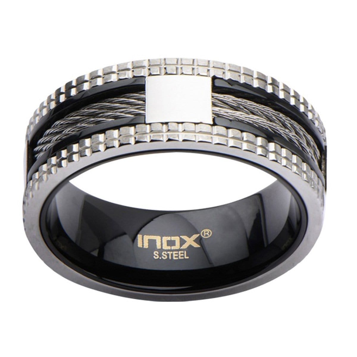 INOX JEWELRY Rings Black and Silver Tone Stainless Steel Exposed Cable Studded Border Ring
