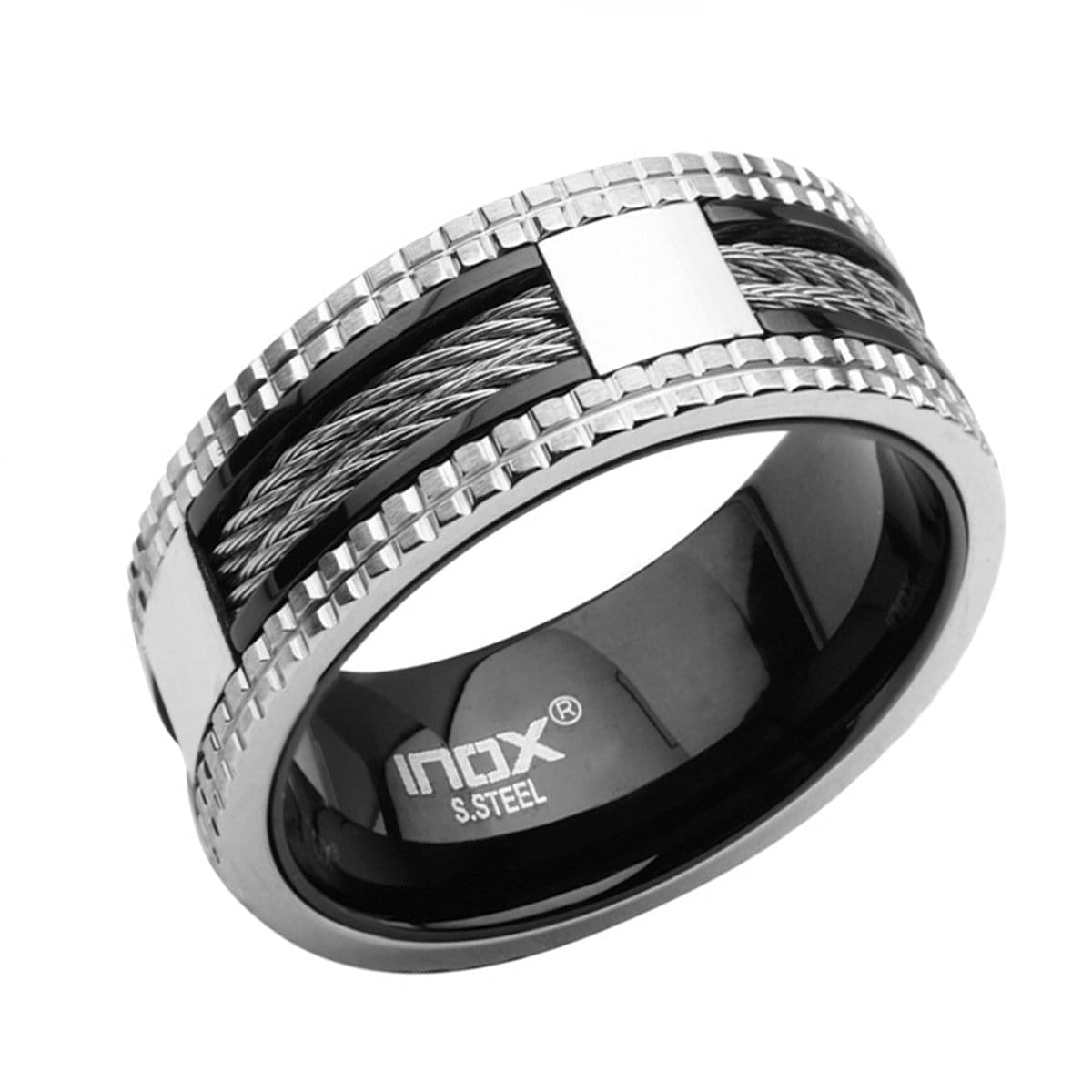 INOX JEWELRY Rings Black and Silver Tone Stainless Steel Exposed Cable Studded Border Ring