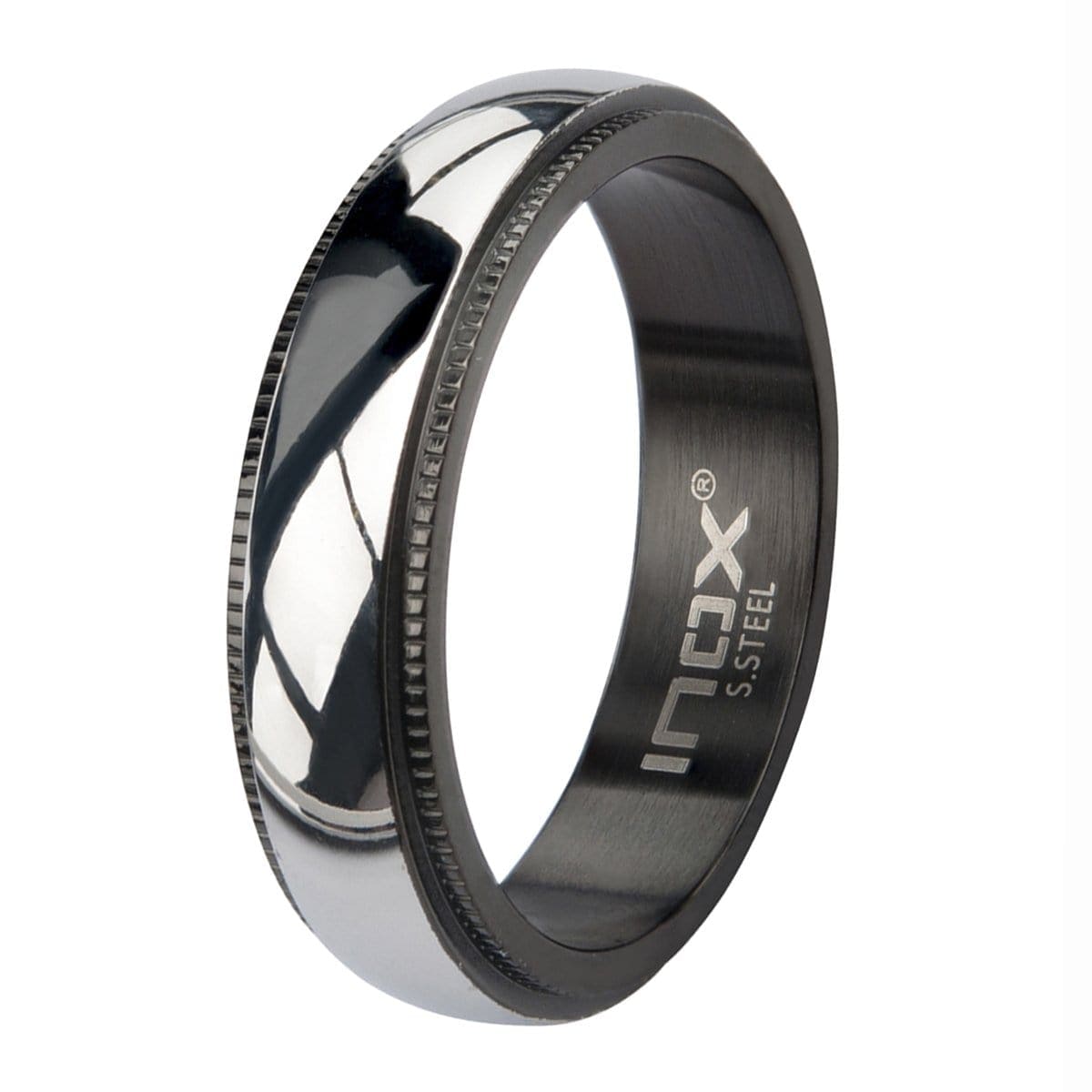 INOX JEWELRY Rings Black and Silver Tone Stainless Steel Fancy Border Glossy Band