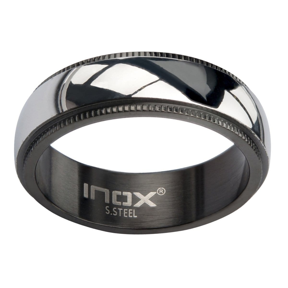INOX JEWELRY Rings Black and Silver Tone Stainless Steel Fancy Border Glossy Band