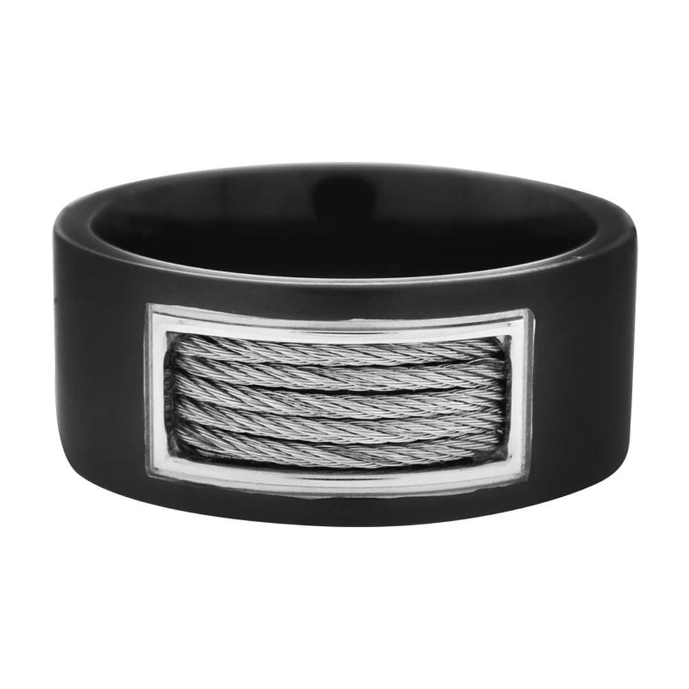 INOX JEWELRY Rings Black and Silver Tone Stainless Steel Inlaid Cable Detail Ring FR7324-10