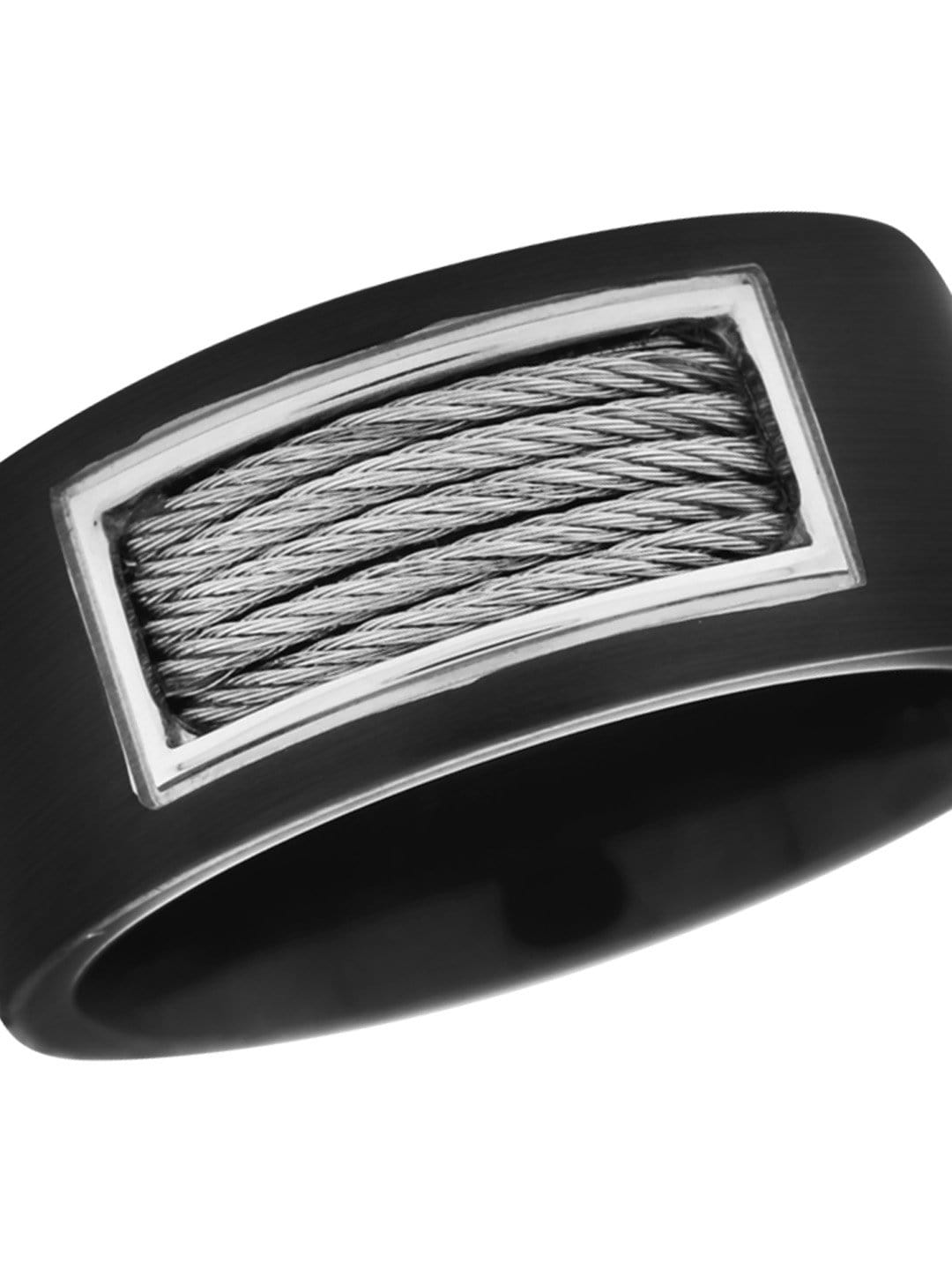 INOX JEWELRY Rings Black and Silver Tone Stainless Steel Inlaid Cable Detail Ring FR7324-10