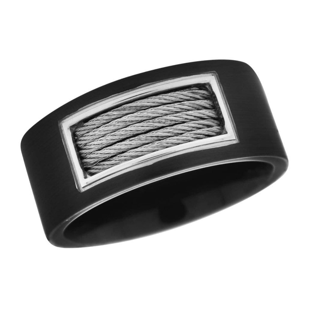 INOX JEWELRY Rings Black and Silver Tone Stainless Steel Inlaid Cable Detail Ring FR7324-10
