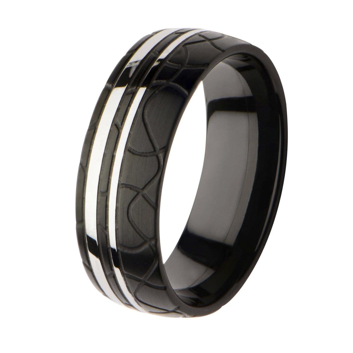 INOX JEWELRY Rings Black and Silver Tone Stainless Steel Jigsaw Patterned Band