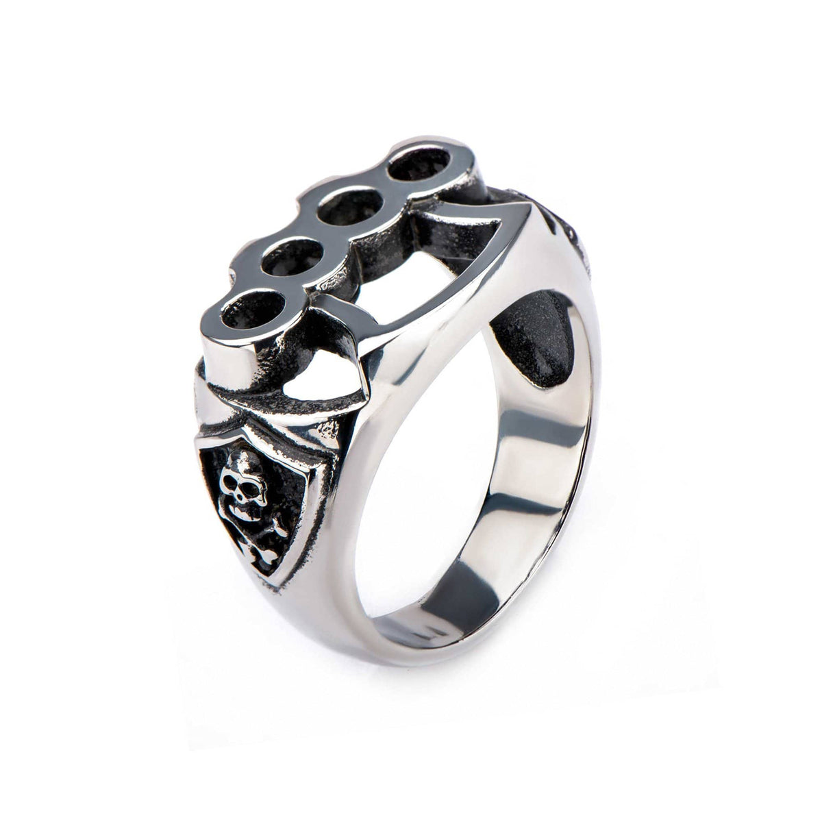 INOX JEWELRY Rings Black and Silver Tone Stainless Steel Knuckle Bolt and Skull Ring