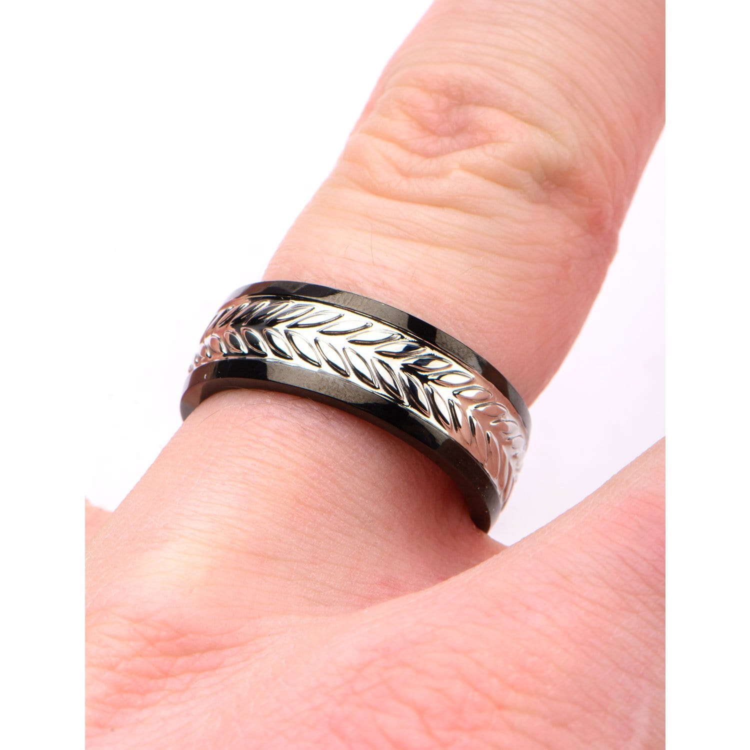 INOX JEWELRY Rings Black and Silver Tone Stainless Steel Leaf Patterned Band