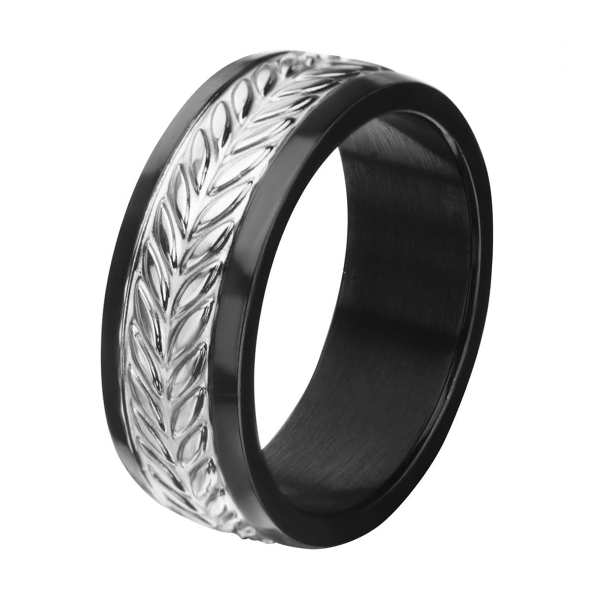 INOX JEWELRY Rings Black and Silver Tone Stainless Steel Leaf Patterned Band