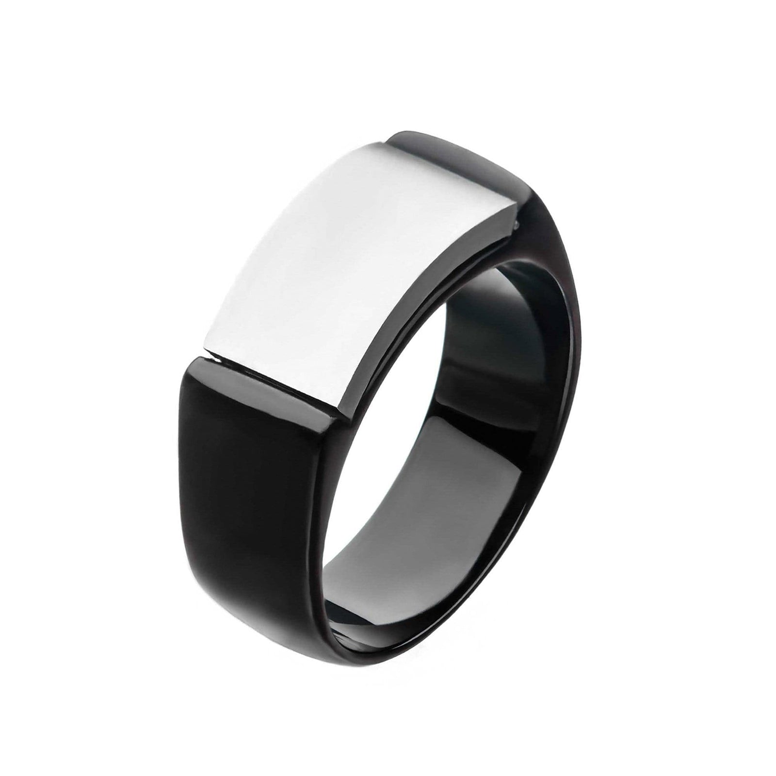 INOX JEWELRY Rings Black and Silver Tone Stainless Steel Matte Finish Engravable Signet Ring